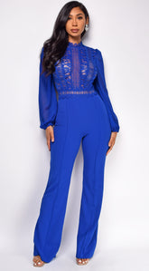 Nerine Crochet Lace Mesh Jumpsuit - Royal Blue